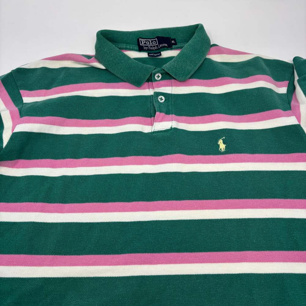 Polo Ralph Lauren Mens XL Green Pink Striped Cotton Short Sleeve Polo Shirt